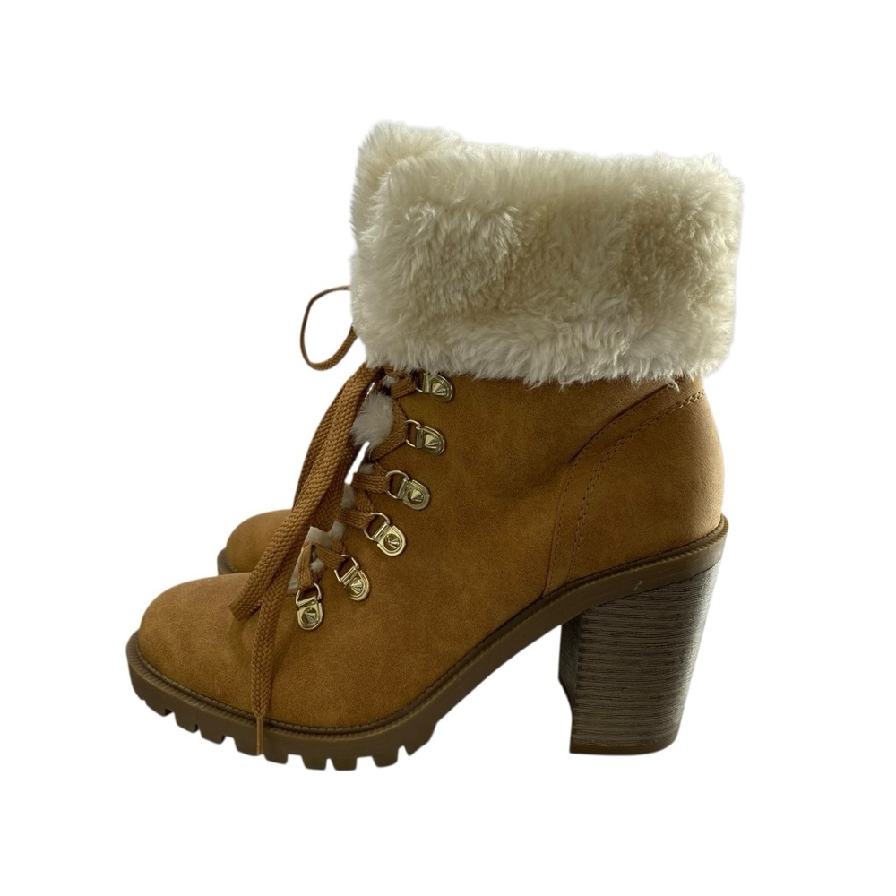 Guess‎ Hiker Grunge Fur Lug Sole Sweater Ankle Booties 9M Camel Chunky Jursy New - Picture 2 of 10